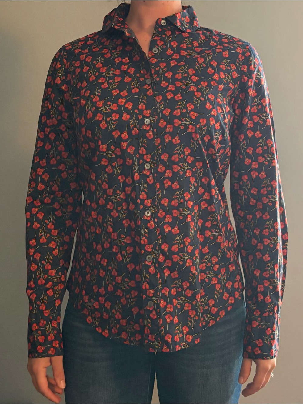 J. Crew Navy Button-Down Shirt with Red Floral Print
